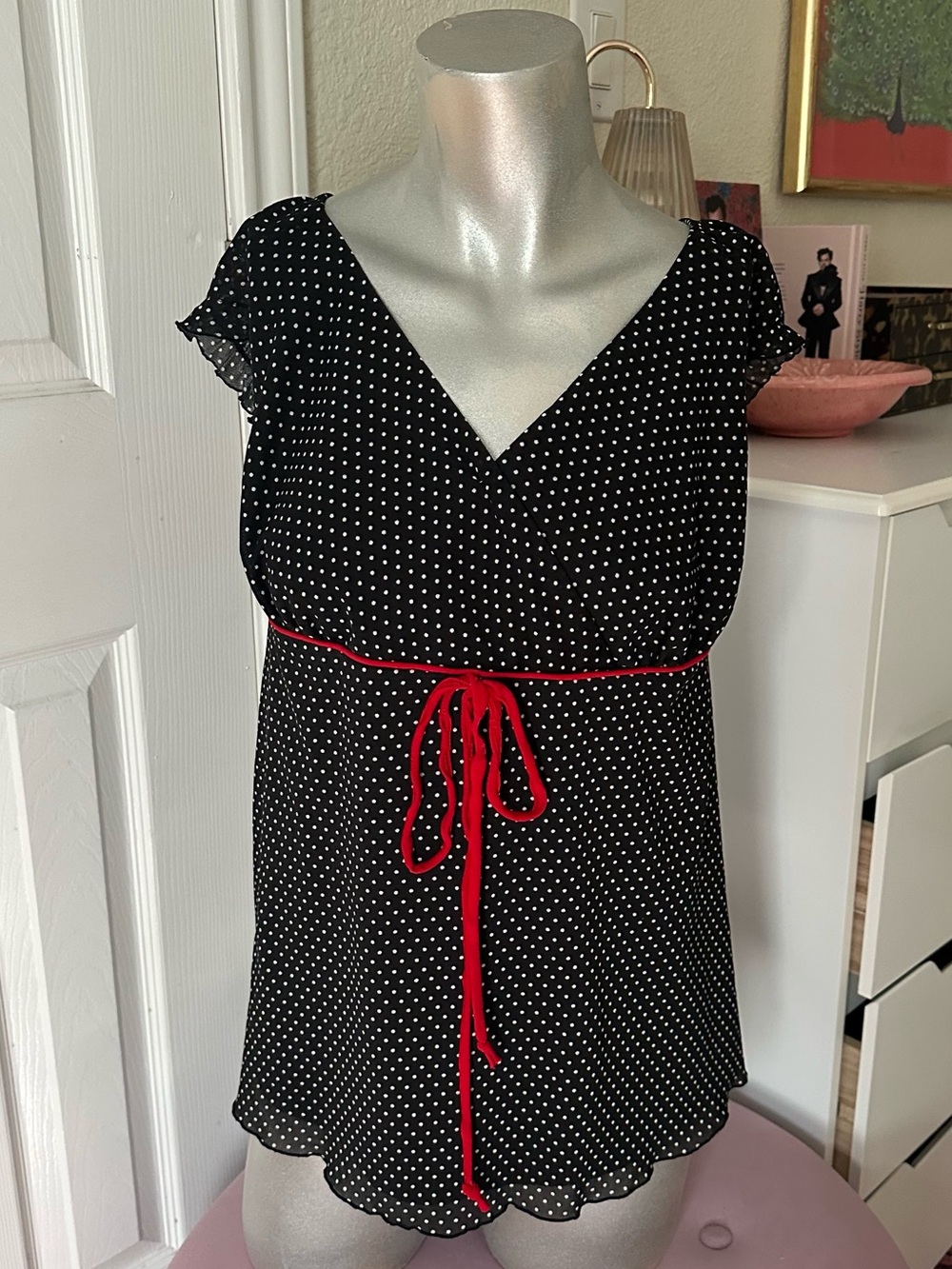 BCX Y2K Black White & Red Bow Detail Polka Dot Babydoll Top